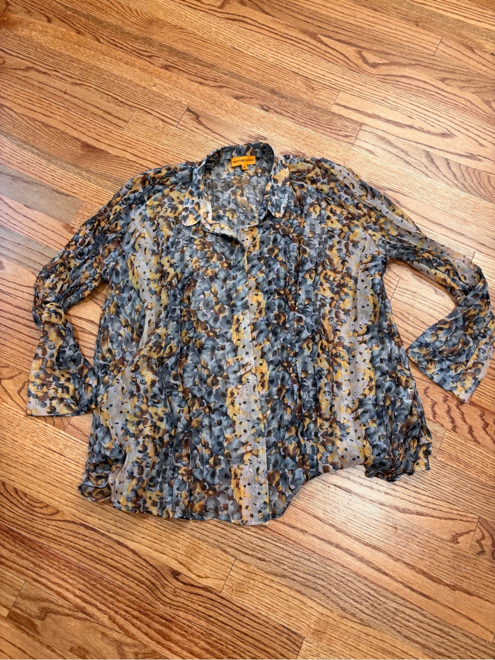 Roberta Freymann 100% Silk Sheer Floral Button Front Blouse Women’s M Boho